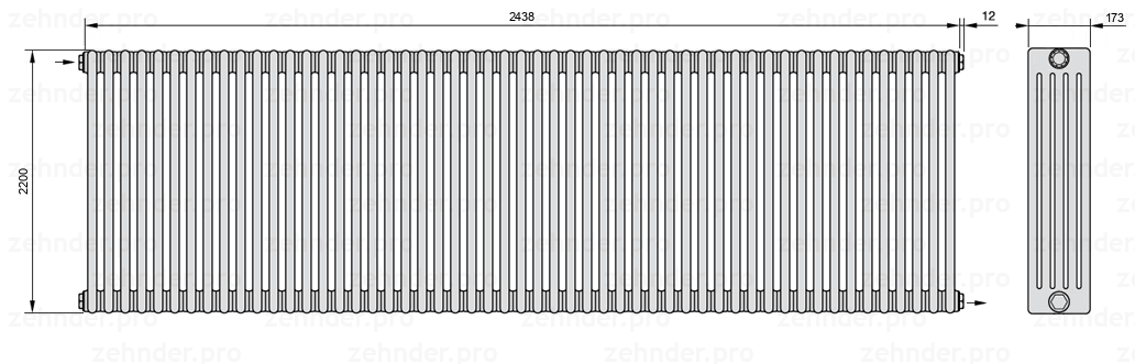 Схема (чертеж) Радиатор Zehnder Charleston 5220/53 №1670 Белый глянцевый RAL 9016